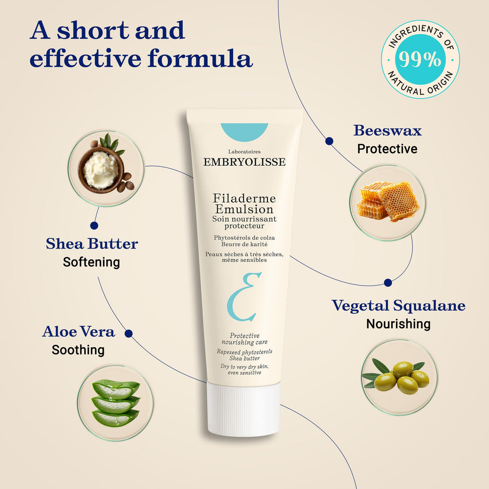 Embryolisse Filaderme Emulsion aloe vera ingredients highlight soothing repair.