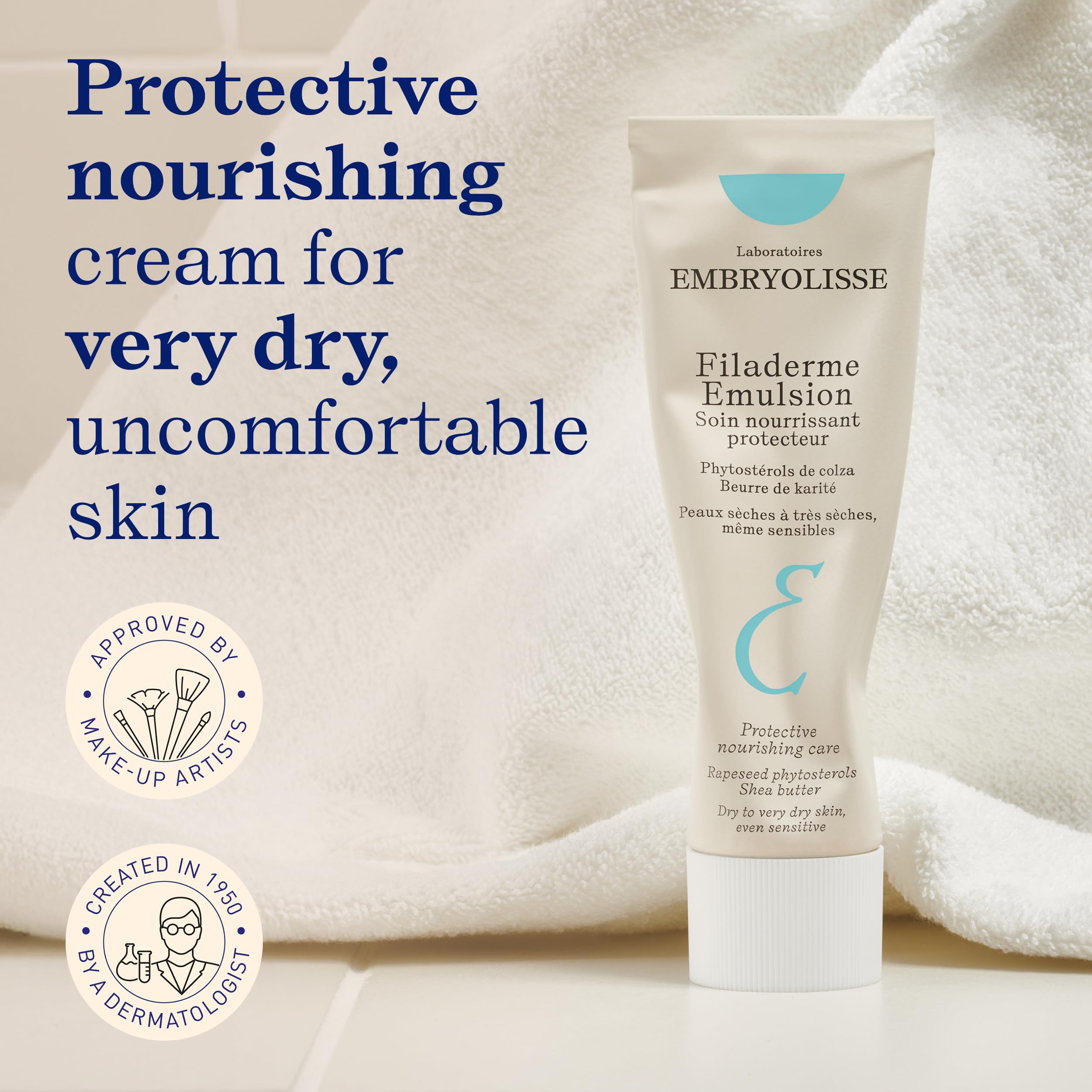 Embryolisse Filaderme Emulsion bottle shows aloe vera and shea butter benefits.