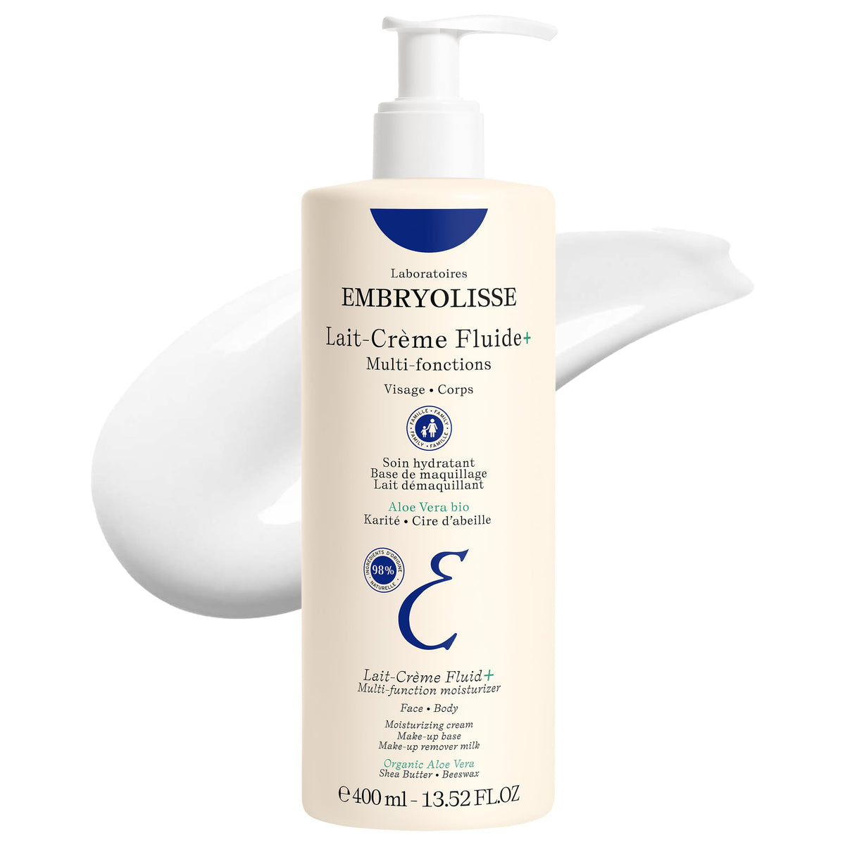 Embryolisse Lait-Crème Fluid+ bottle close-up highlighting lightweight hydration for face and body