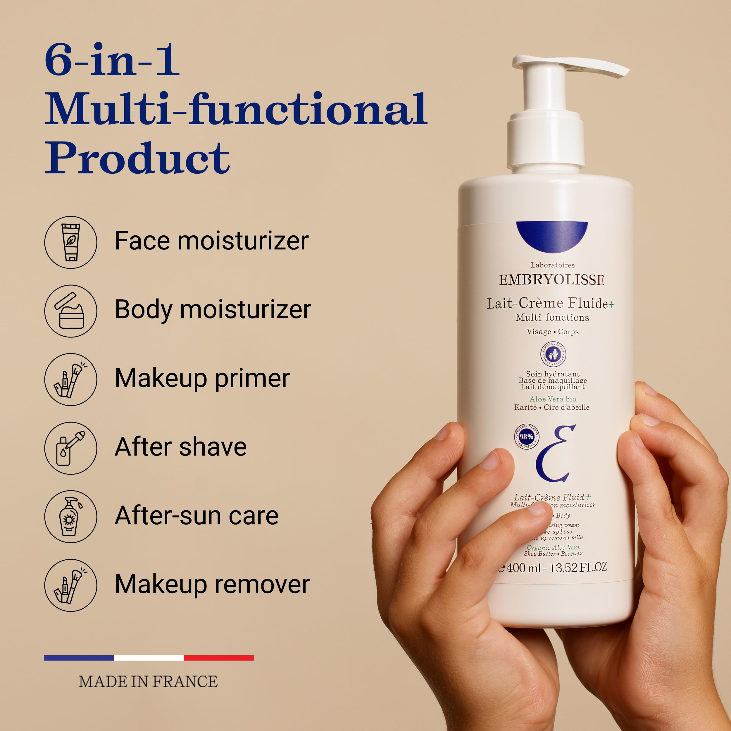 Embryolisse Lait-Crème Fluid+ on skin for nourishing care across face and body