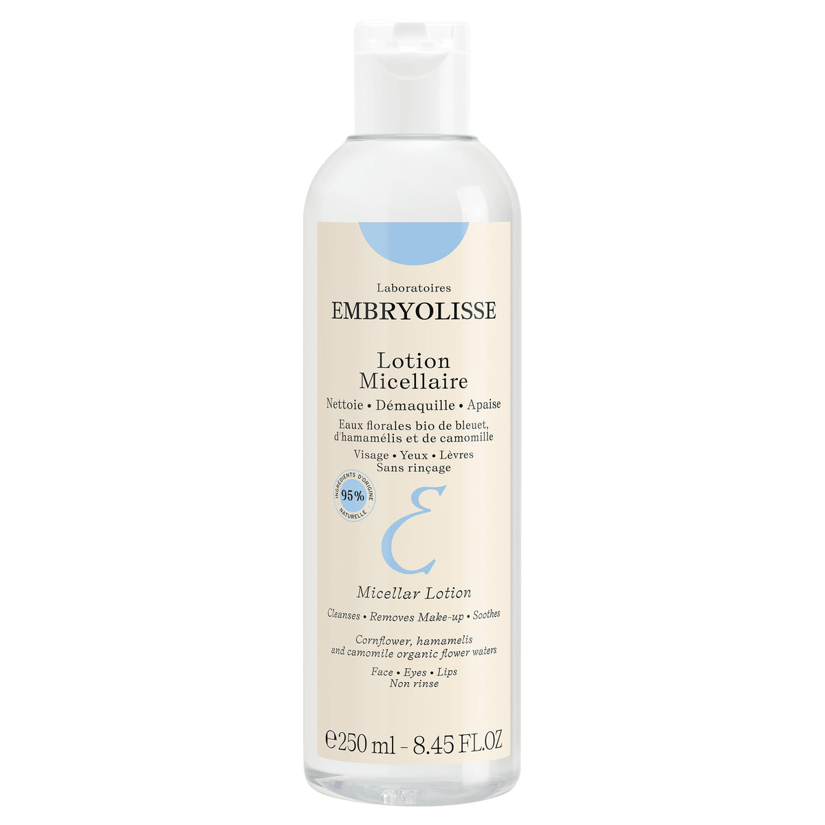 Embryolisse micellar lotion bottle close-up for gentle cleansing on sensitive skin