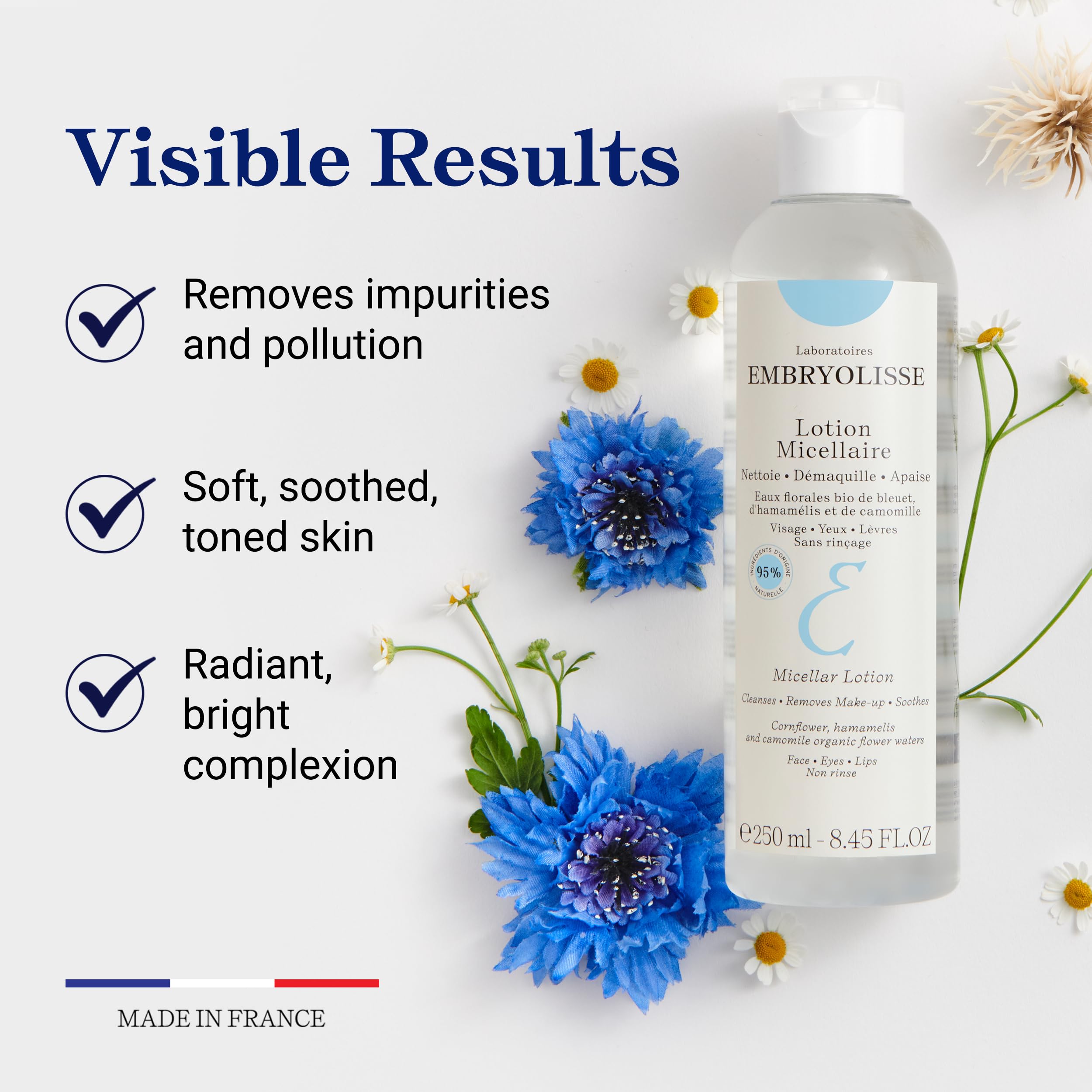Embryolisse micellar lotion bottle highlights floral waters for soothing skin
