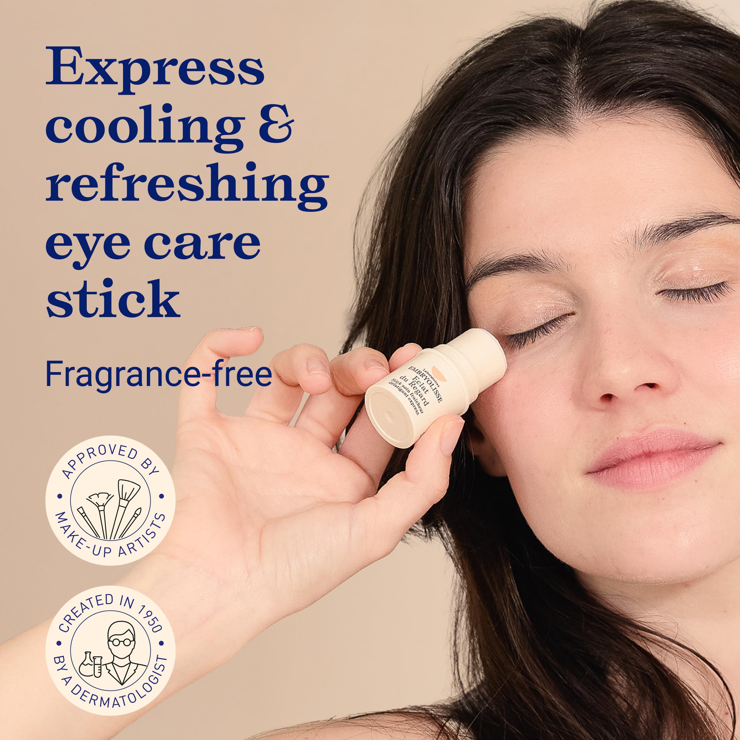 Embryolisse Radiant Eye Stick application demonstrates precise, cooling under-eye relief.