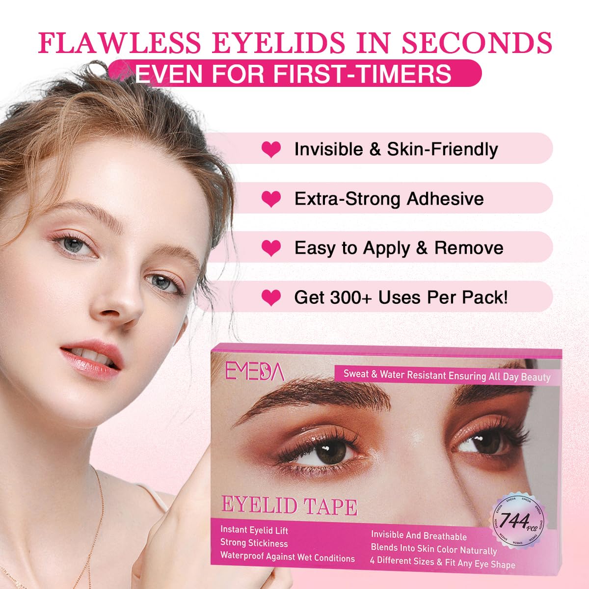 EMEDA 744pcs eyelid tape in four sizes supports customizable fit for diverse eye shapes.