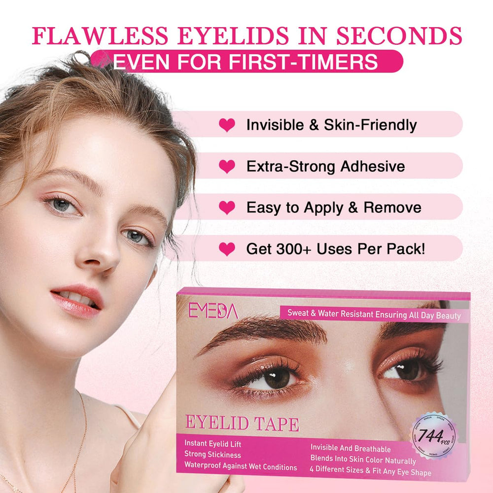 EMEDA 744pcs eyelid tape in four sizes supports customizable fit for diverse eye shapes.