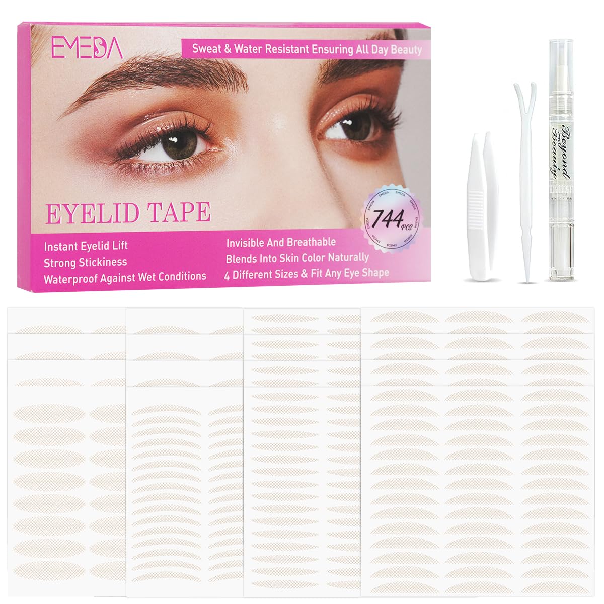 EMEDA invisible eyelid tape strip packaging demonstrates discreet lift for everyday use.