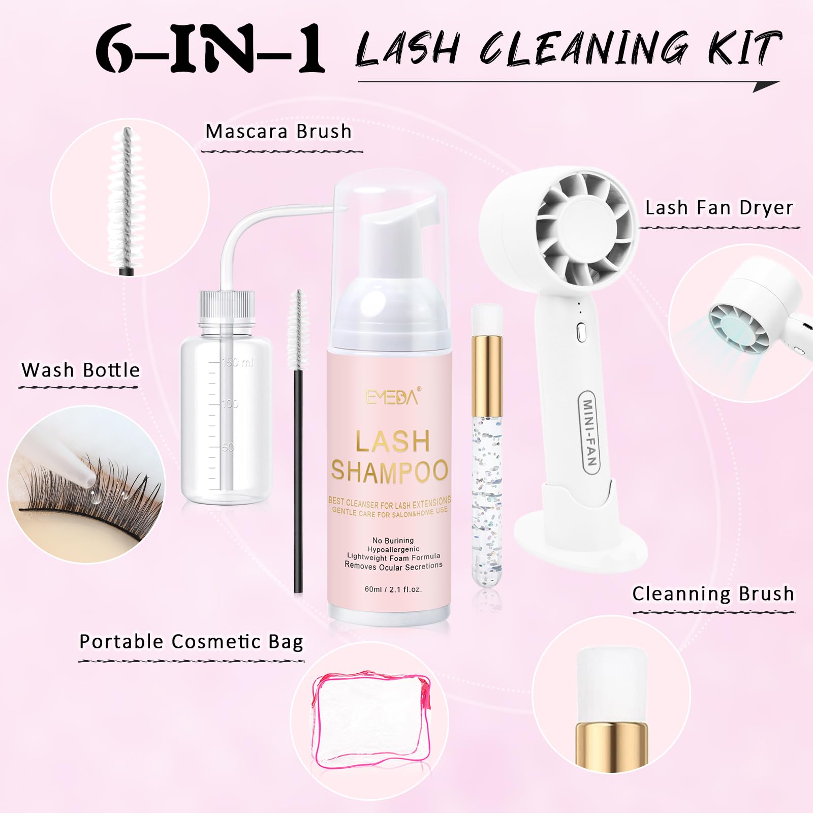 EMEDA lash shampoo: 60ml gentle cleansing for extensions and natural lashes.