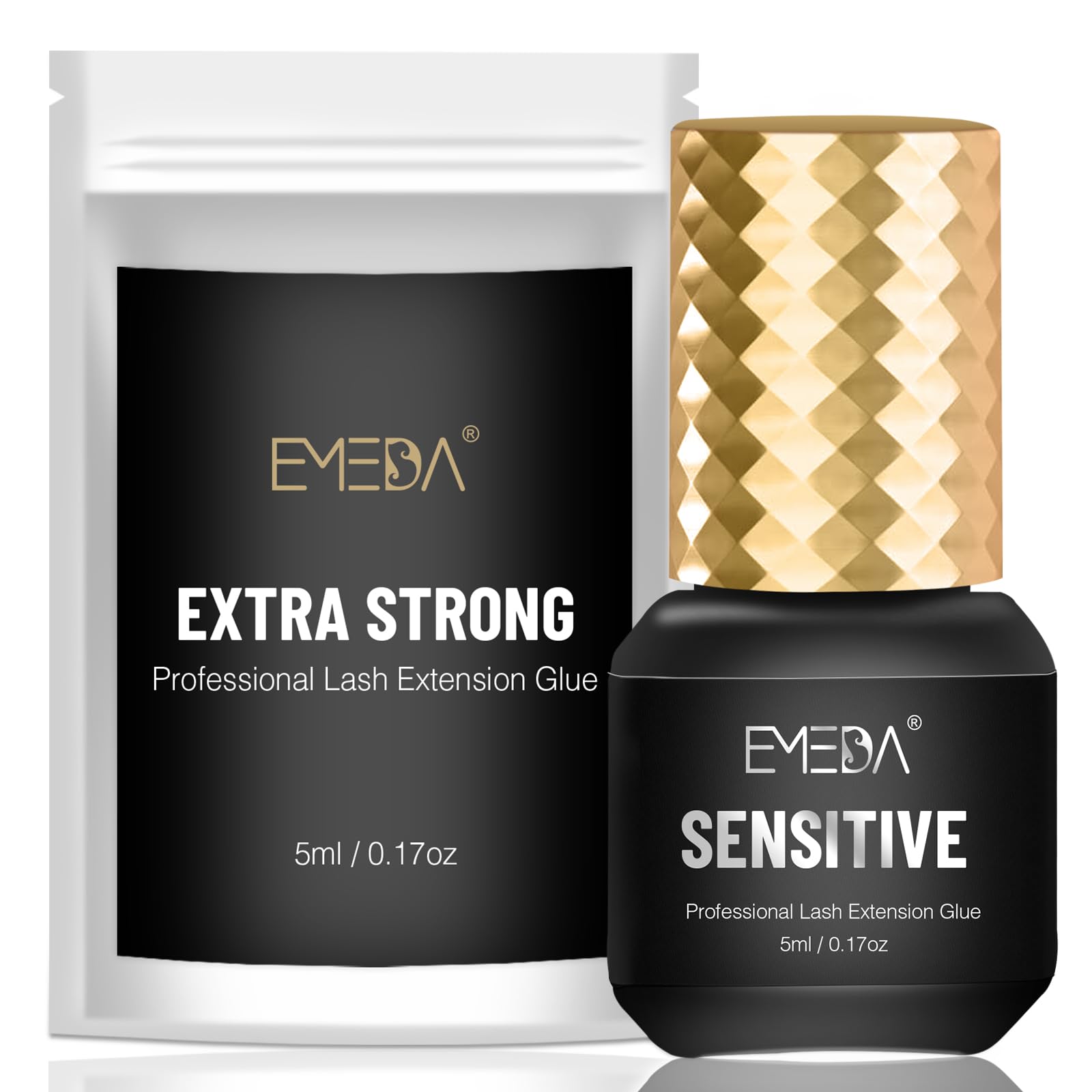 EMEDA Sensitive Lash Extension Glue bottle close-up showing quick-dry formula for professionals.