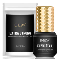EMEDA Sensitive Lash Extension Glue bottle close-up showing quick-dry formula for professionals.