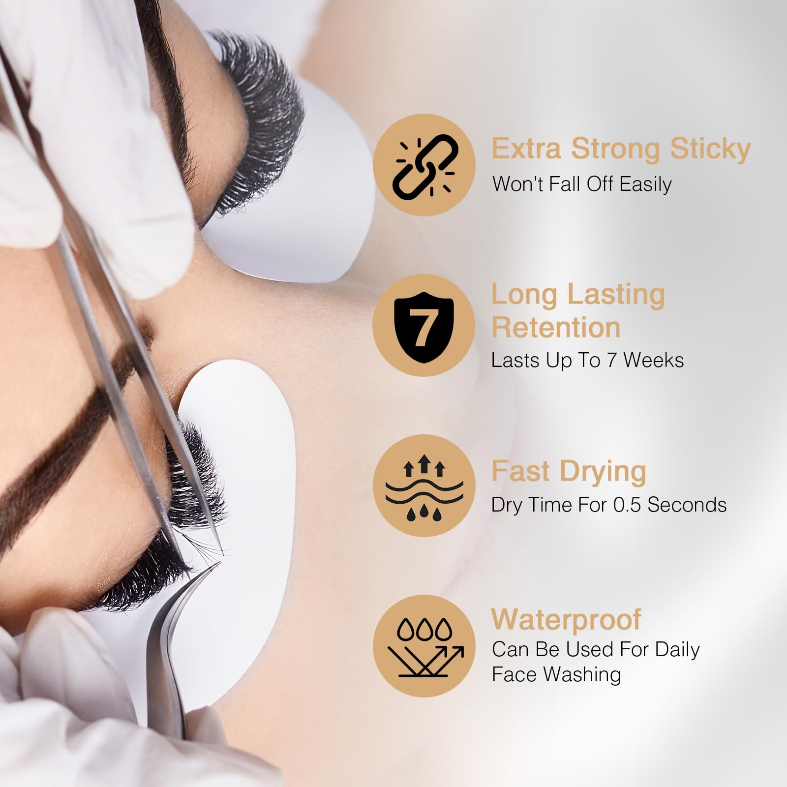 EMEDA Sensitive Lash Extension Glue on lash extension demonstrating long-lasting hold.