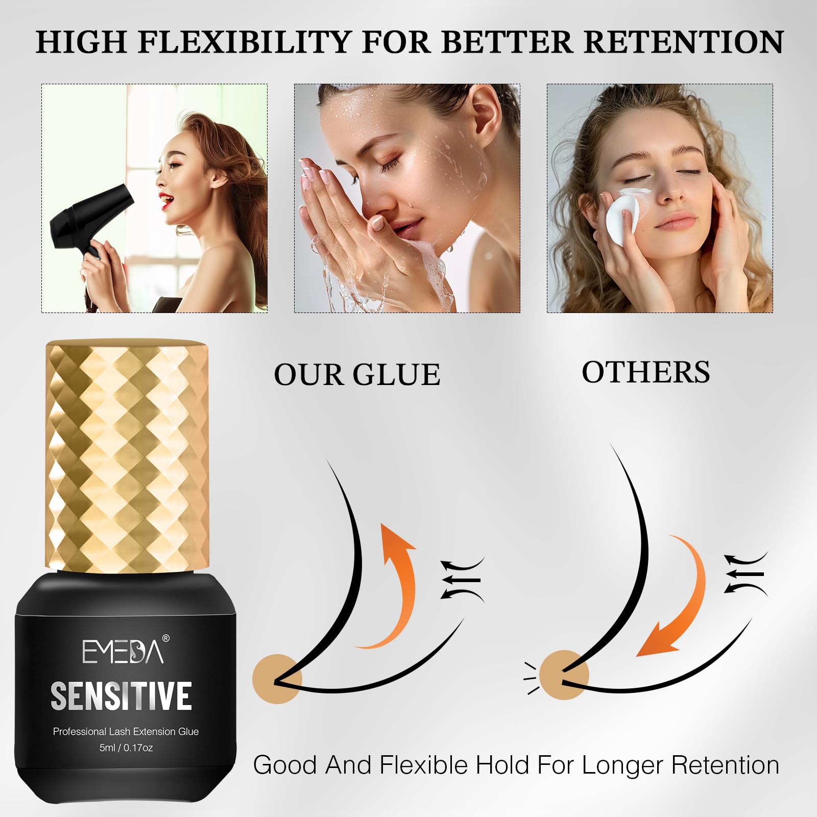 EMEDA Lash Extension Glue demonstrates waterproof hold for all-day wear.