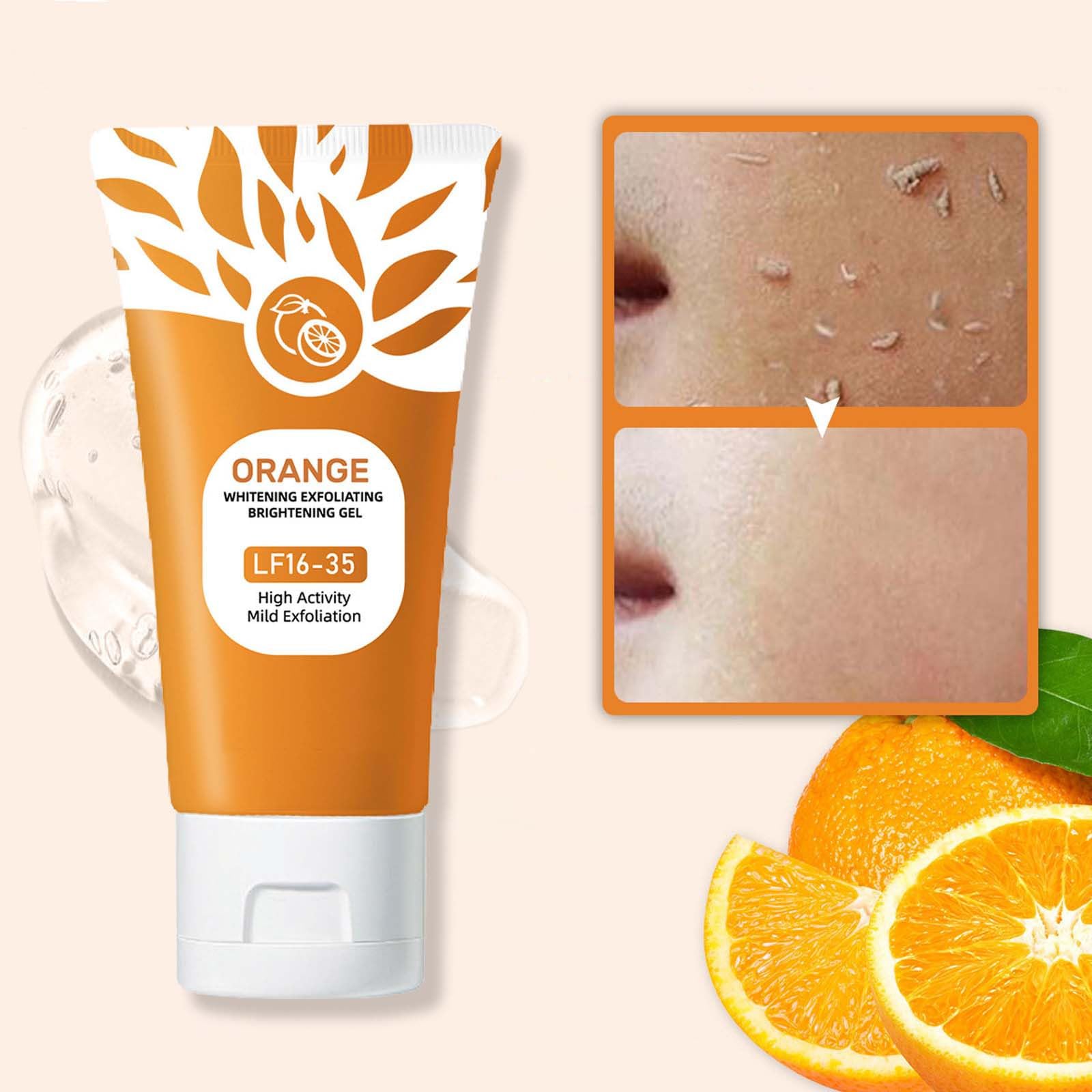 Emgmcp Orange Exfoliating Gel face closeup highlights orange enzymes dissolving impurities gently
