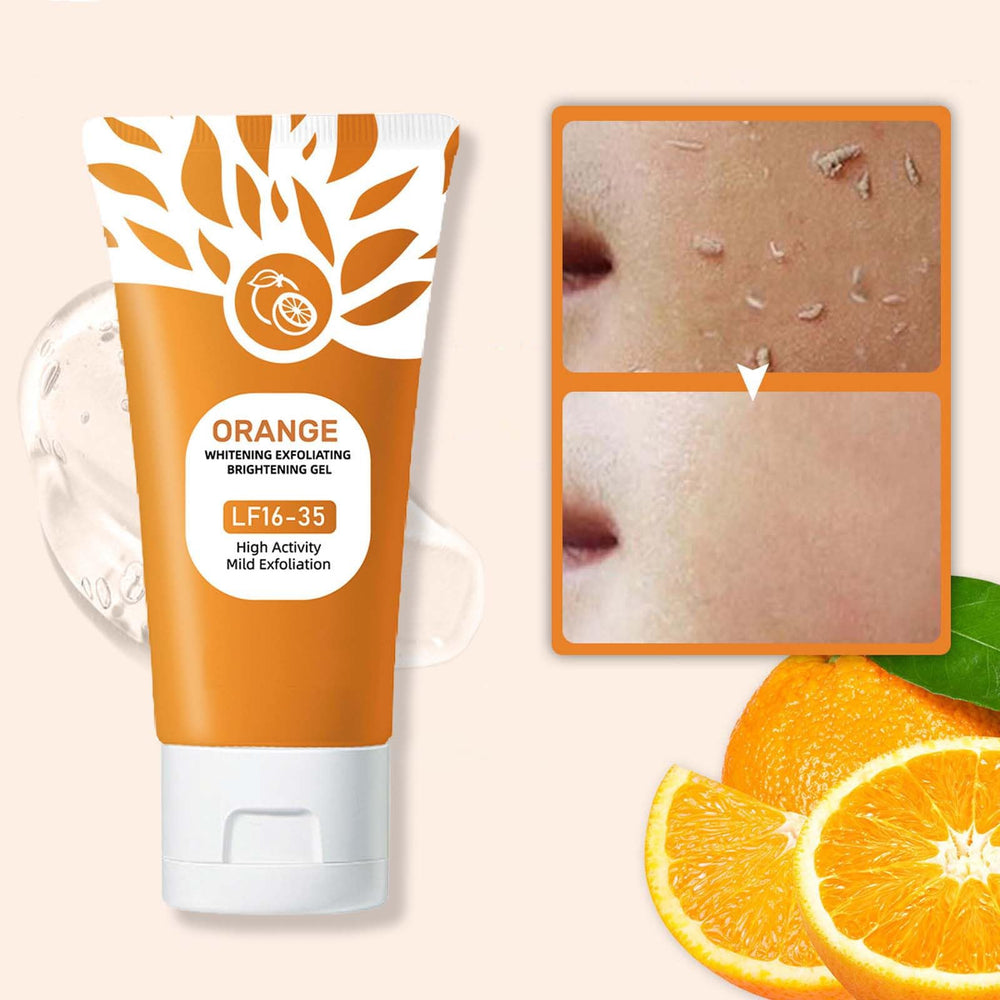 Emgmcp Orange Exfoliating Gel face closeup highlights orange enzymes dissolving impurities gently