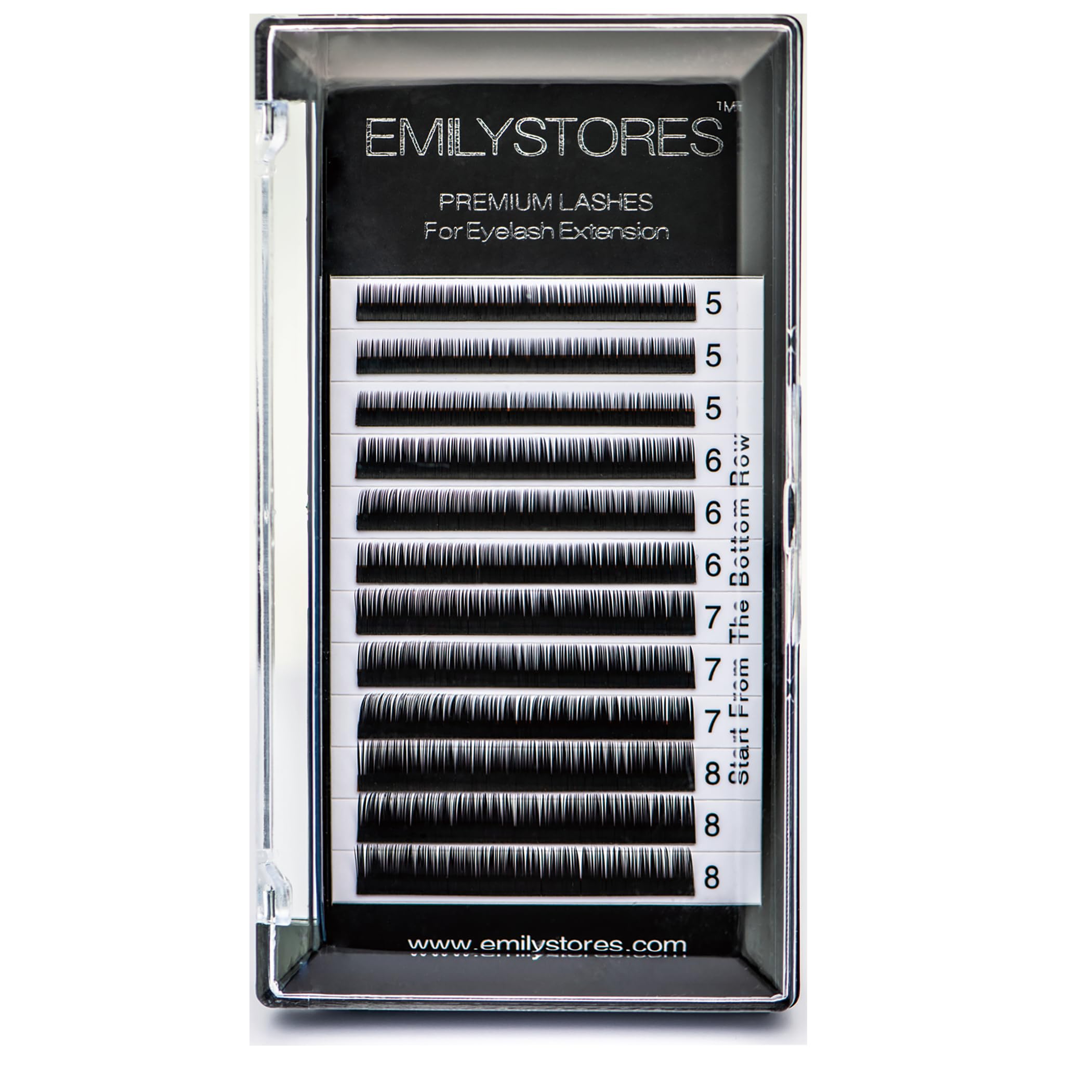 EMILYSTORES bottom lash extensions tray view with mixed J curl for precise under-lash application