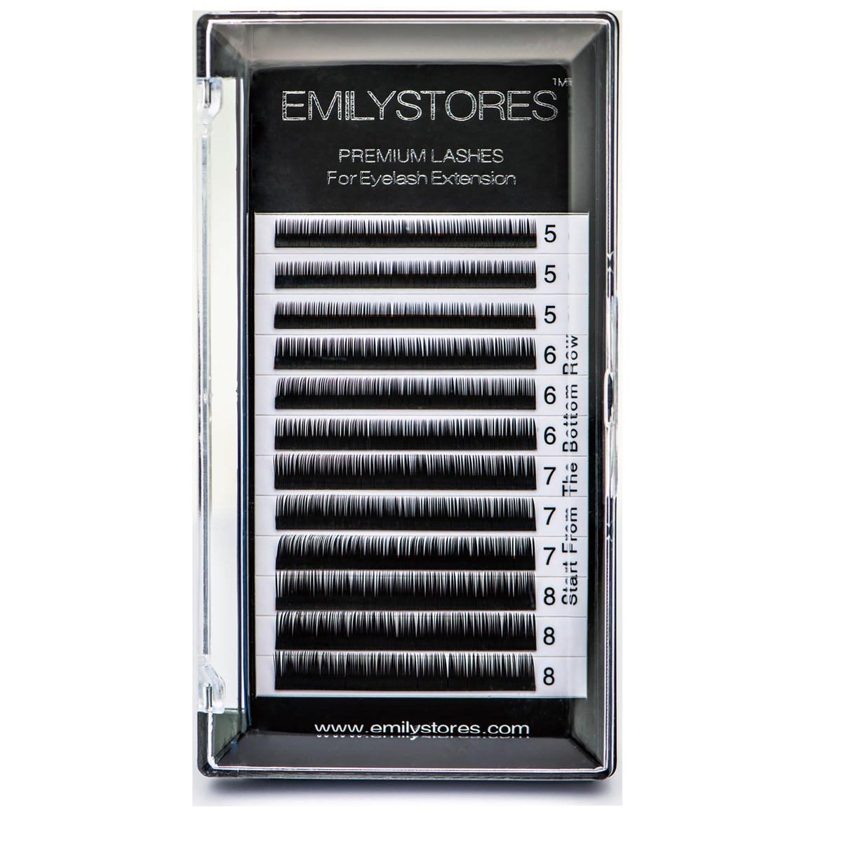 EMILYSTORES bottom lash extensions tray view with mixed J curl for precise under-lash application