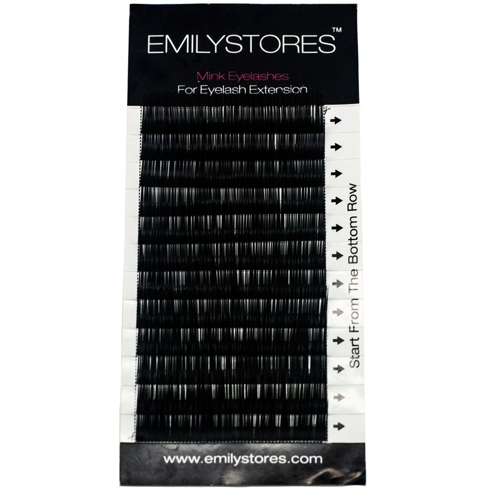 EMILYSTORES compact tray showing 12 rows of 5–8mm lashes for versatile looks