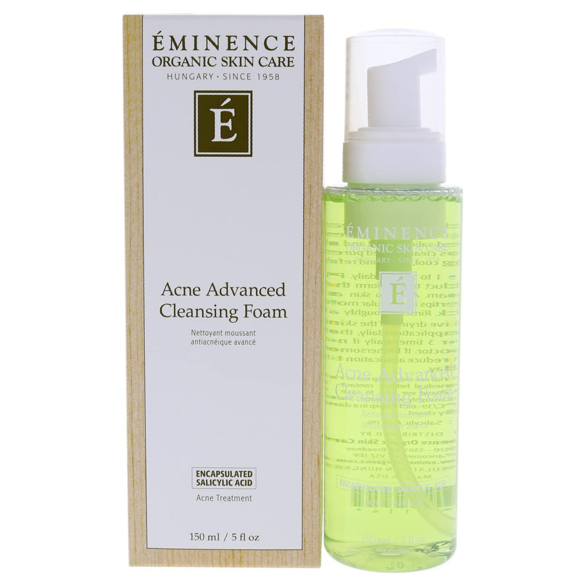 Eminence Acne Advanced Cleansing Foam bottle close-up shows gentle cleansing for clearer skin.