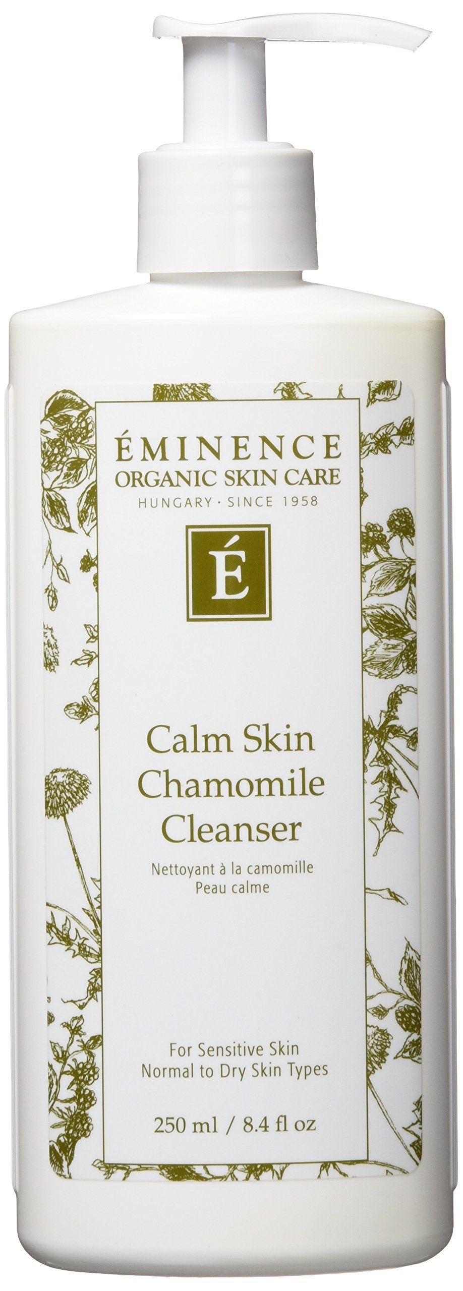 Eminence Calm Skin Chamomile Cleanser bottle close-up reveals gentle cleansing for sensitive skin