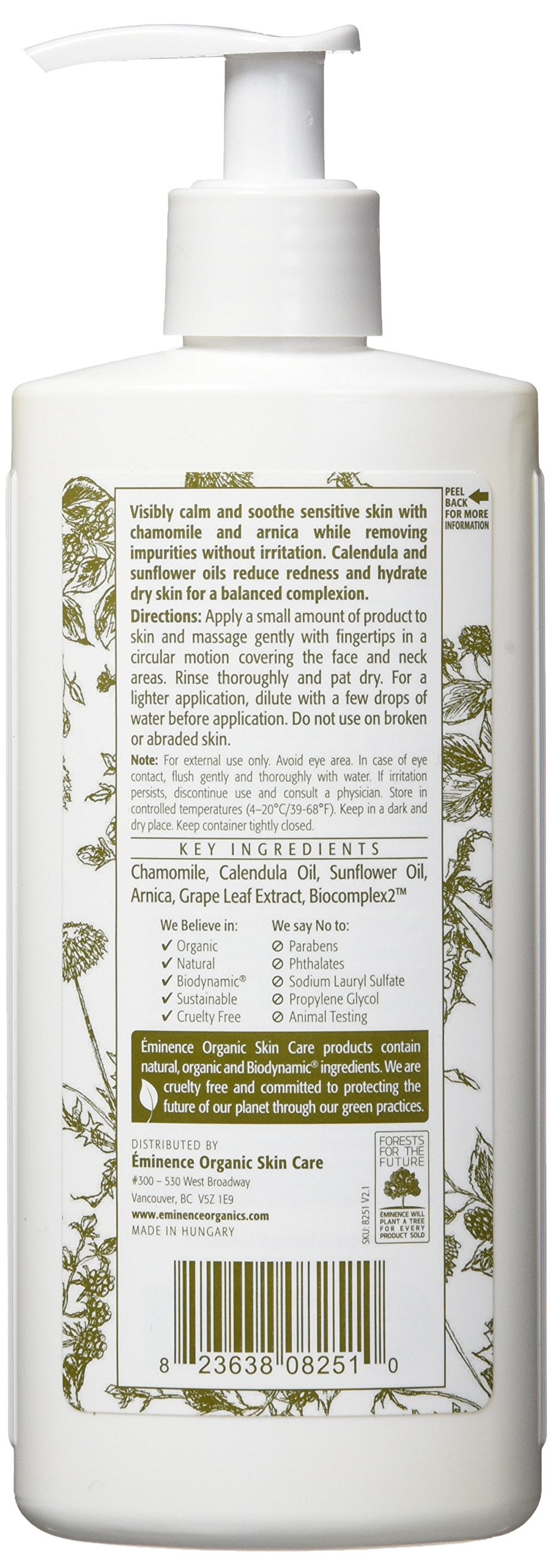 Eminence Calm Skin Chamomile Cleanser label detail highlights organic botanicals for redness-prone skin