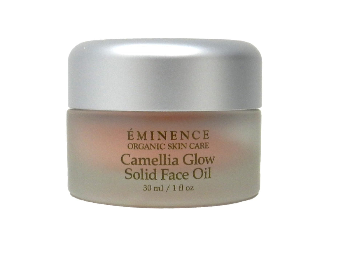Eminence Camellia Glow solid face oil packaging shown for easy, travel-ready hydration.