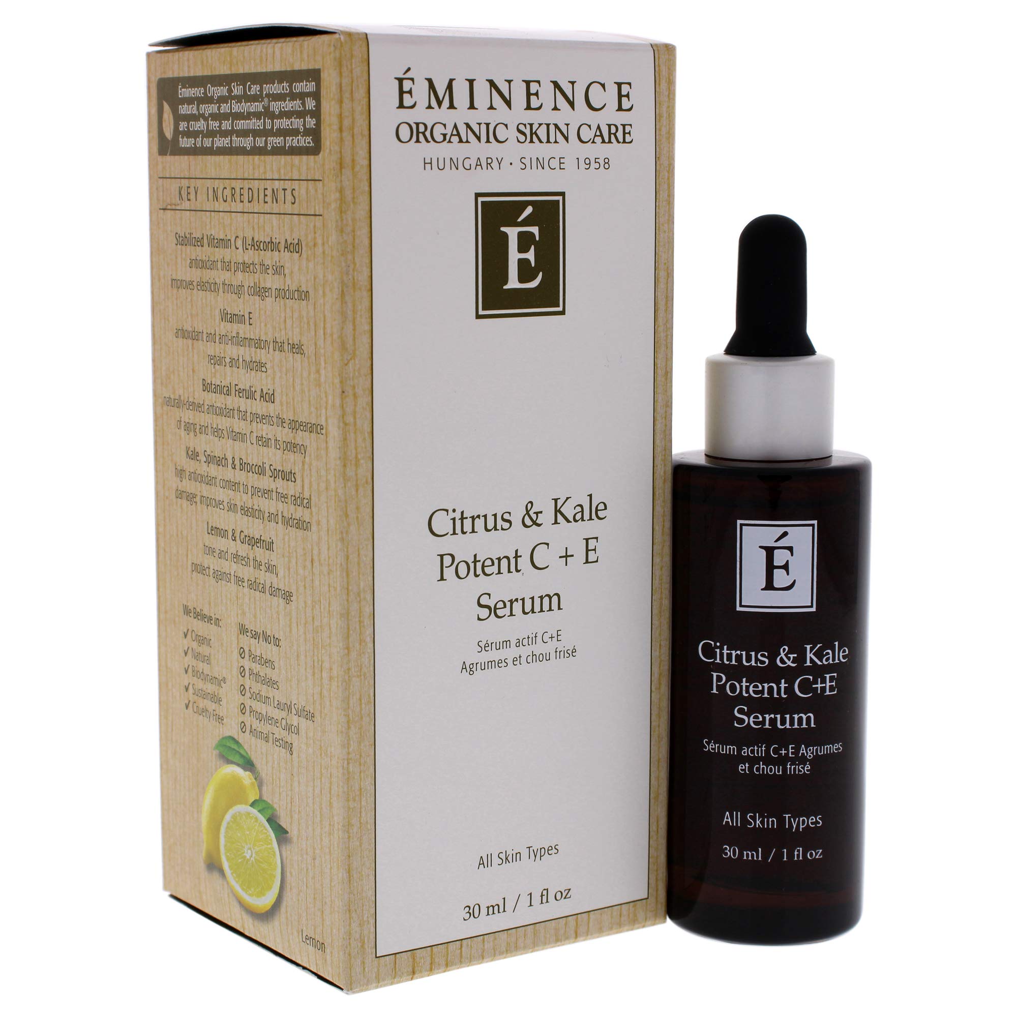 Eminence Citrus & Kale Potent C Plus E Serum ingredients-ferulic-acid closeup highlights antioxidant vitamin C.
