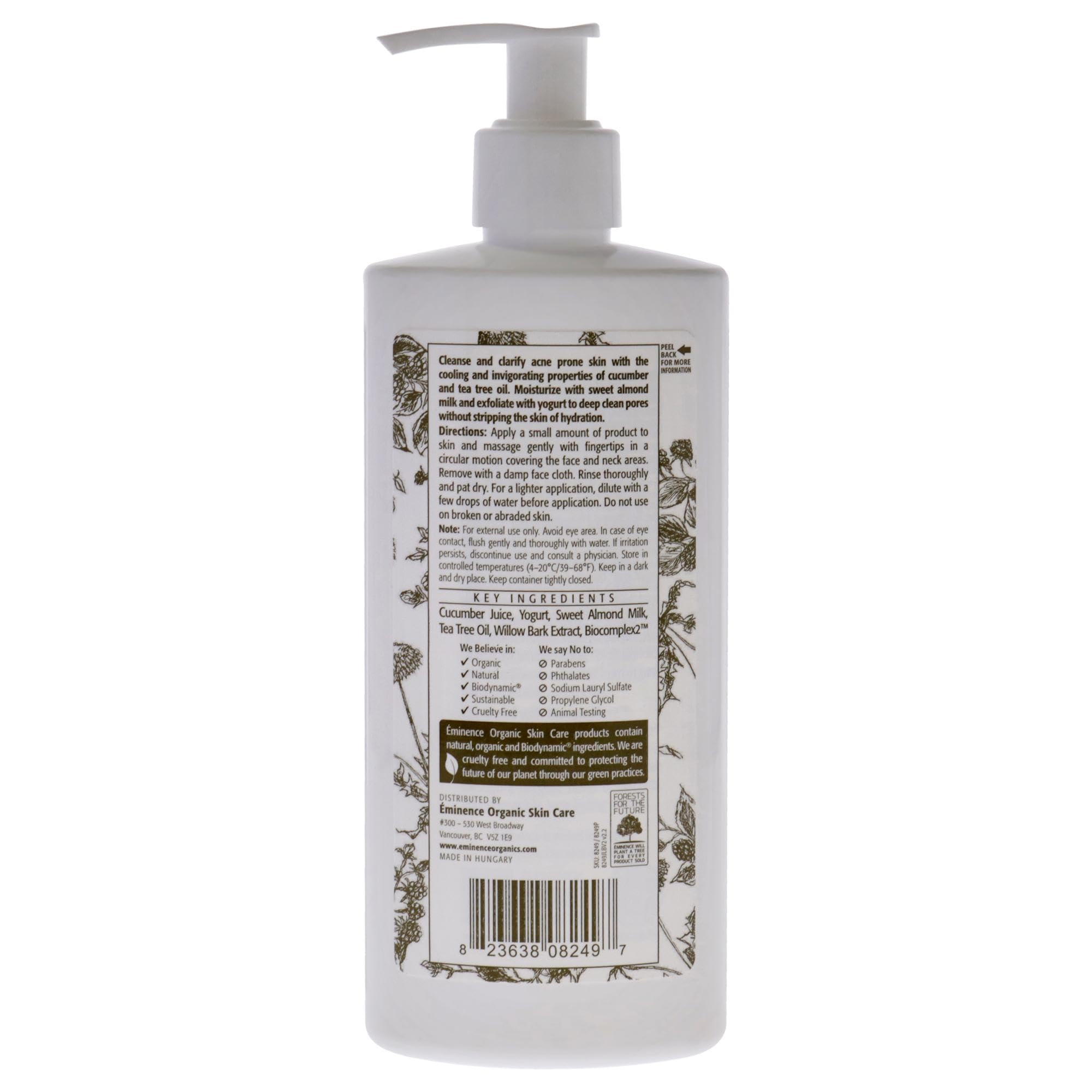 Eminence Clear Skin Probiotic Cleanser texture close-up shows cucumber and tea tree soothing oily skin.