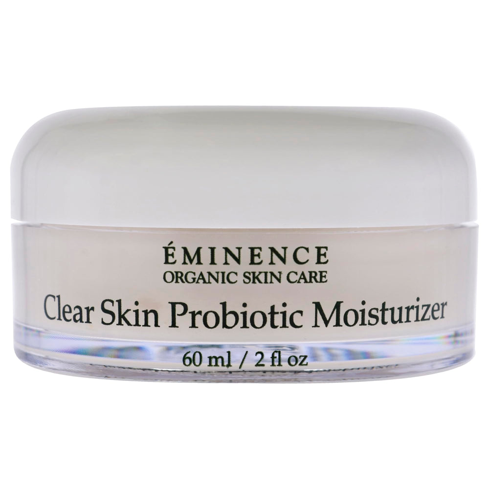 Eminence clear skin probiotic moisturizer application showing dewy finish for calm, clearer-looking skin.