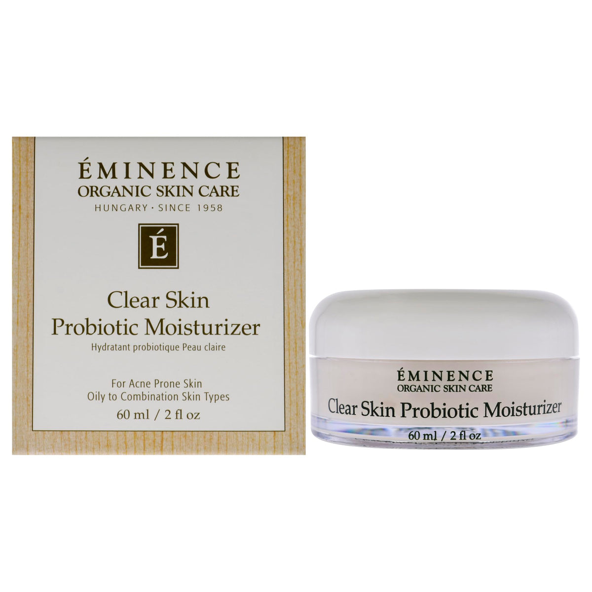 Eminence clear skin probiotic moisturizer bottle promotes balanced skin with soothing hydration.