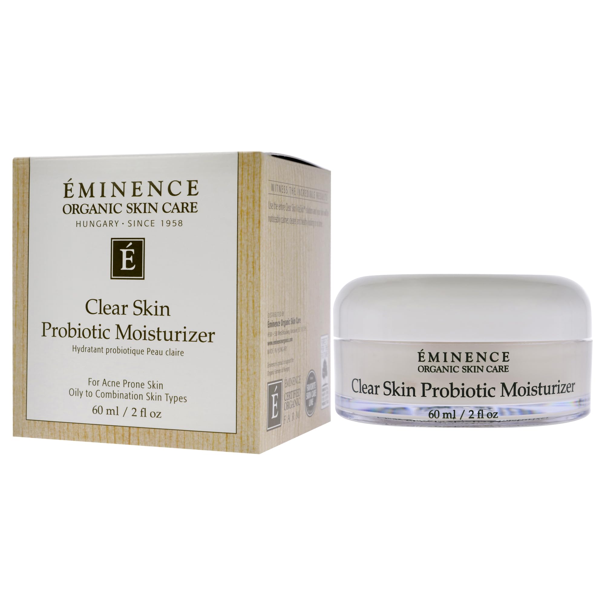Eminence clear skin probiotic moisturizer made in Hungary with gentle botanical formulation.