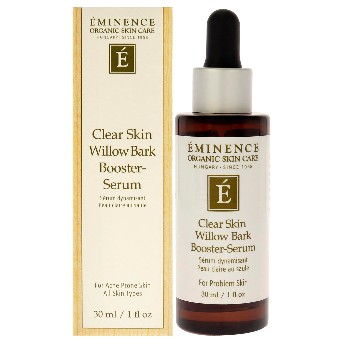 Eminence Clear Skin Willow Bark Booster Serum bottle highlights concentrated formula for clearer-looking skin