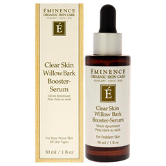 Eminence Clear Skin Willow Bark Booster Serum bottle highlights concentrated formula for clearer-looking skin