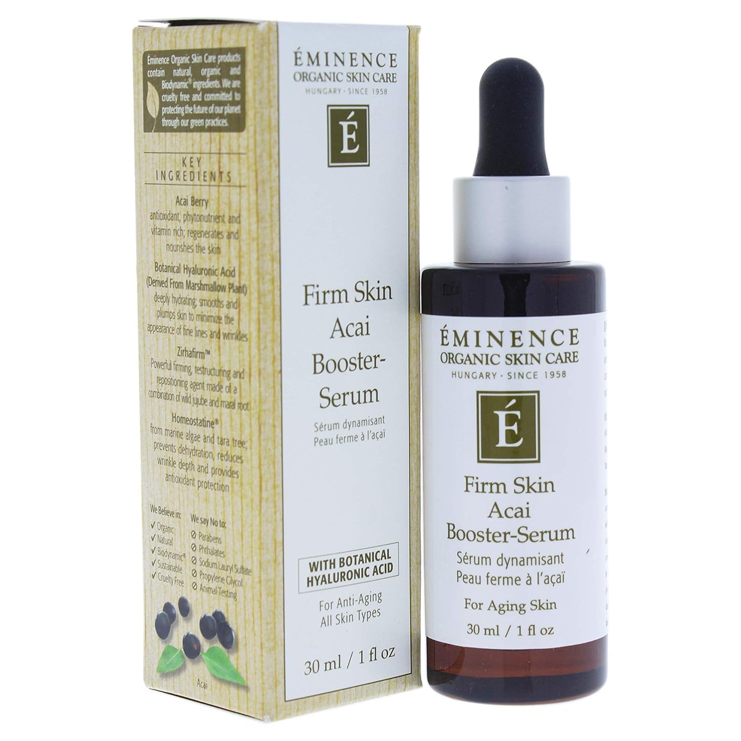 Eminence Firm Skin Acai Serum bottle closeup showing plumping effect