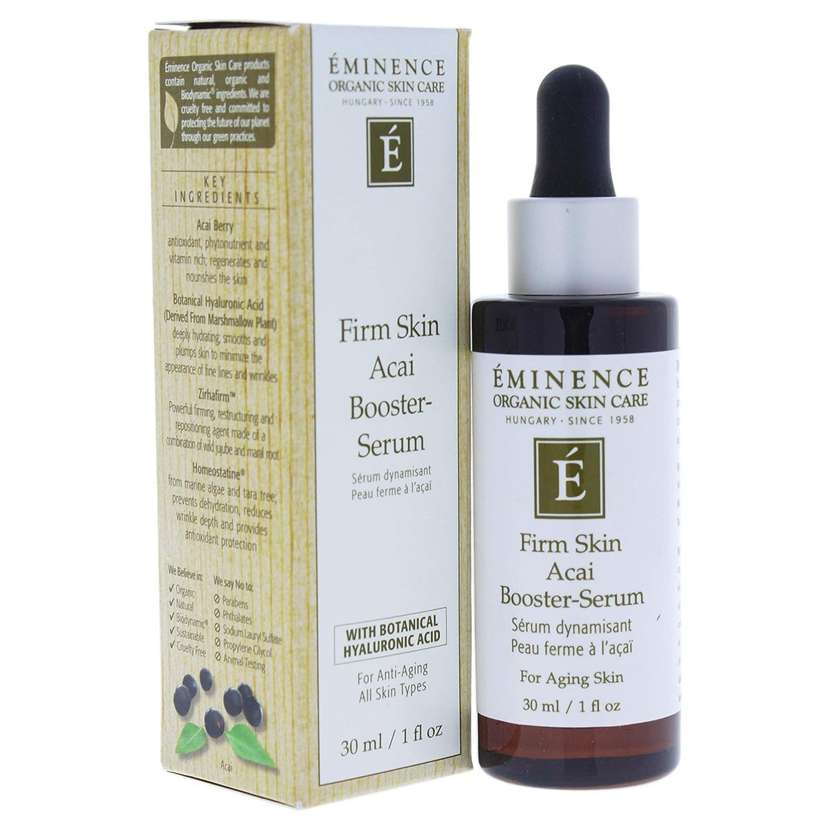 Eminence Firm Skin Acai Serum bottle closeup showing plumping effect