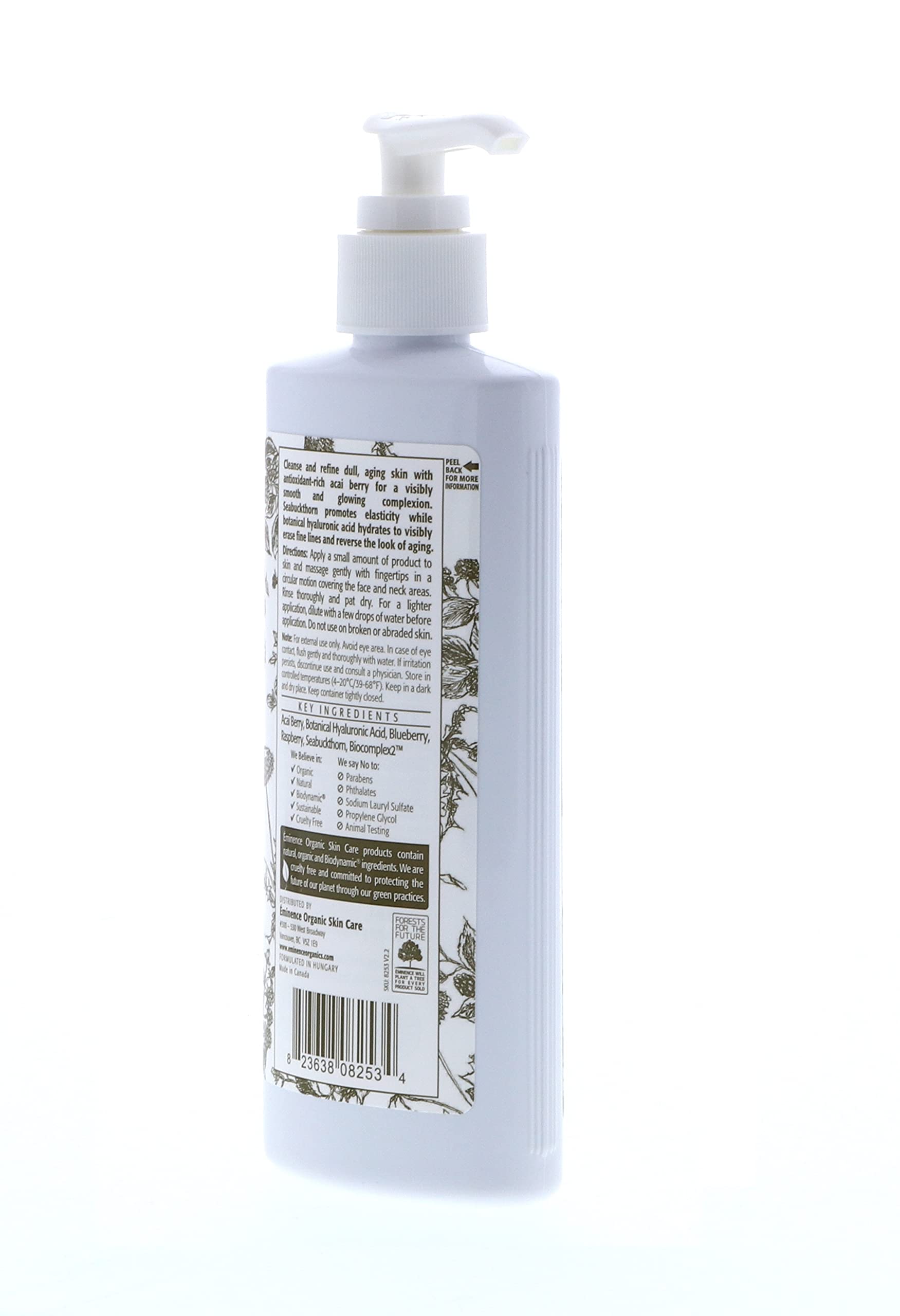 Eminence Firm Skin Acai Cleanser moisture barrier protection graphic implies stronger dryness defense.
