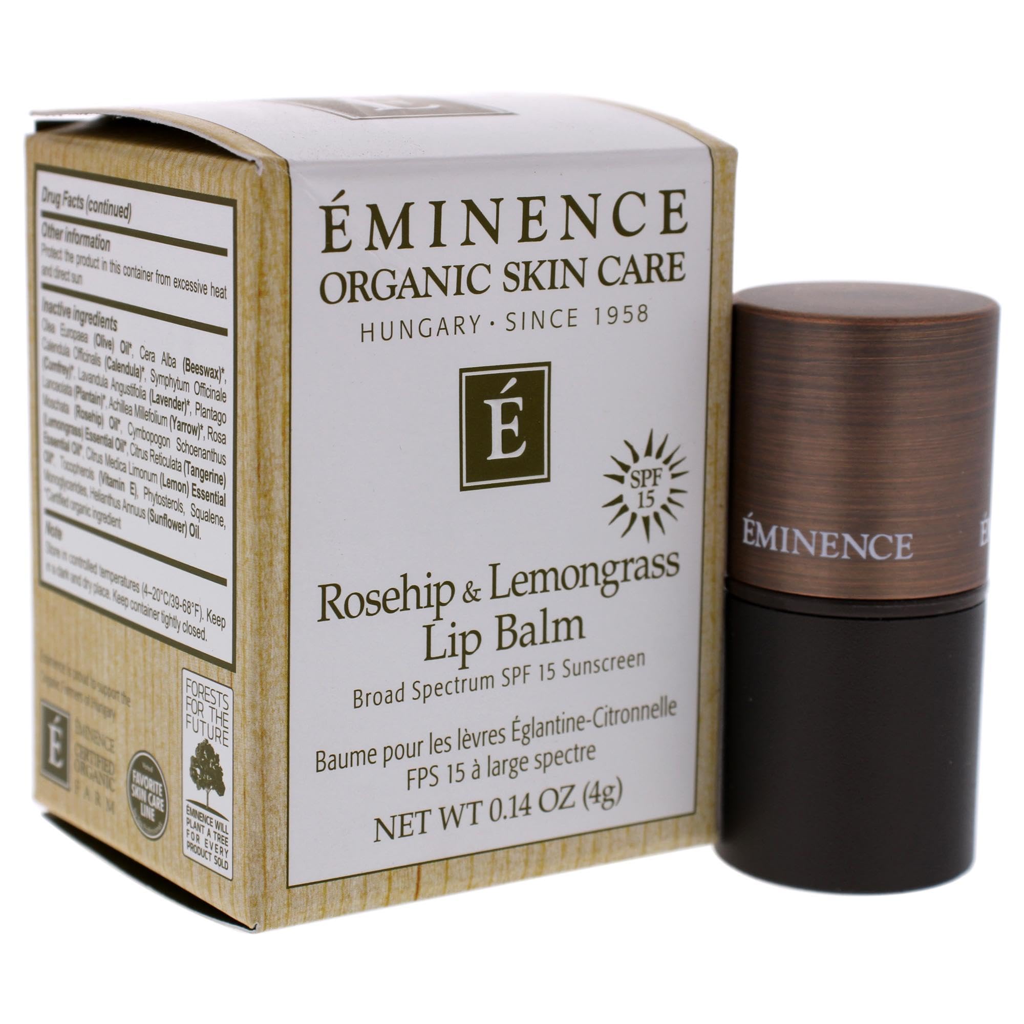 Eminence-rosehip-lemongrass-lip-balm-packaging-unisex compact stick for on-the-go care.