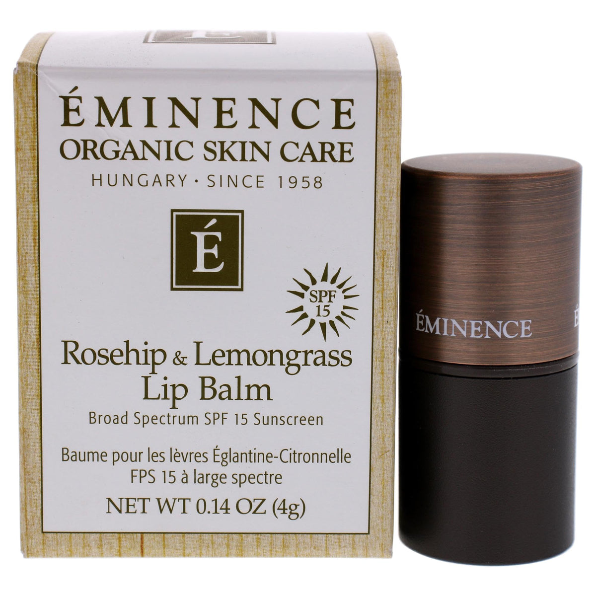 Eminence rosehip-lemongrass lip balm-tube provides all-day hydration and SPF protection.