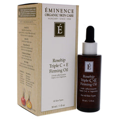 Eminence Rosehip Triple C+E Firming Oil in amber bottle protecting against dehydration.