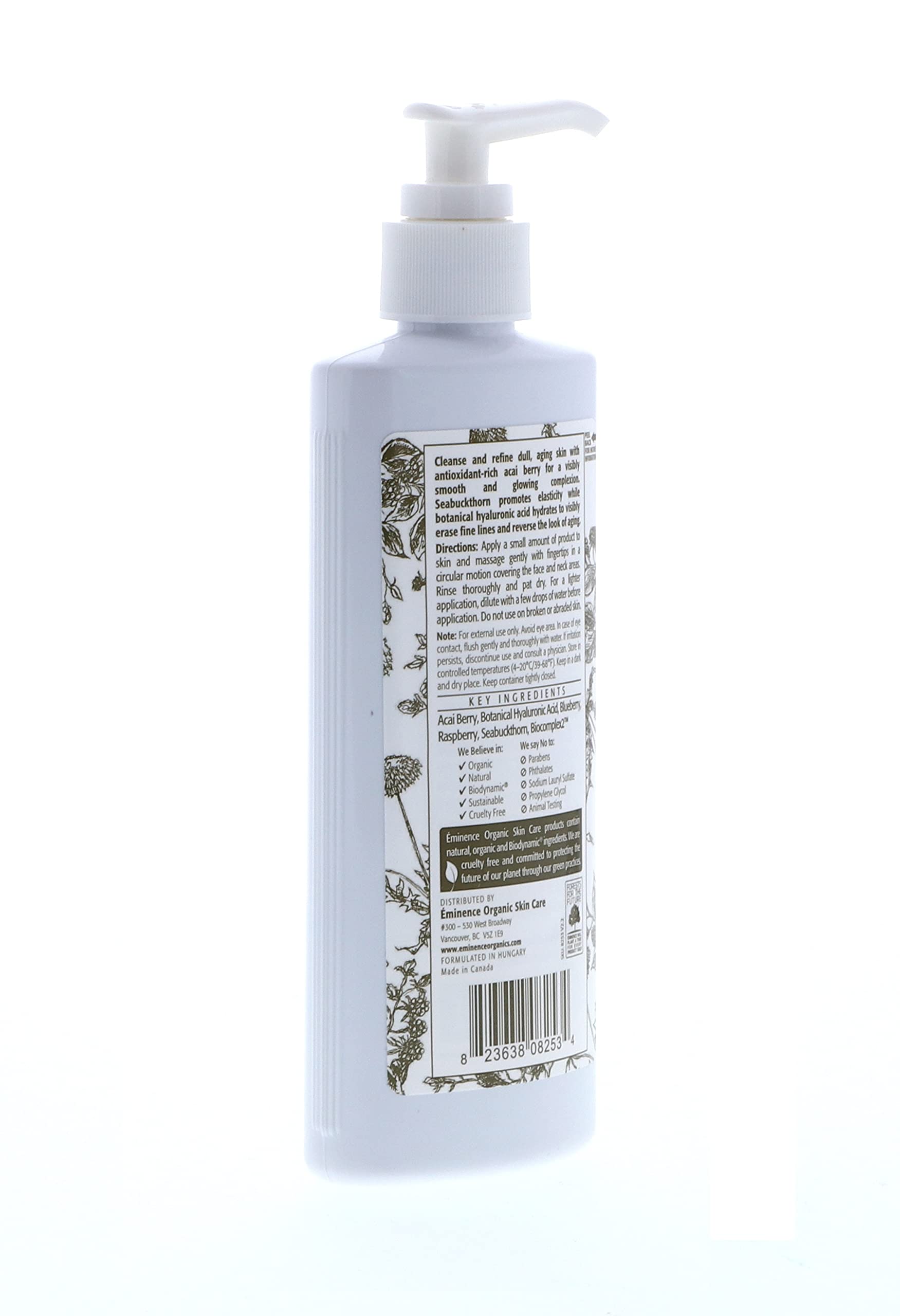 Eminence Firm Skin Acai Cleanser sea buckthorn oil ingredient signals nourishing botanical support.
