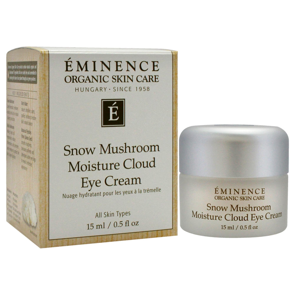 Eminence Snow Mushroom Eye Cream pump dispenses creamy moisture for morning refresh.