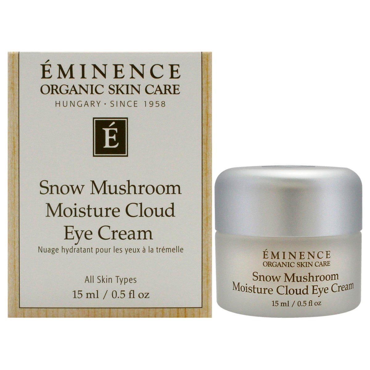 Eminence Snow Mushroom Eye Cream jar closeup shows rich hydration for the eye area.
