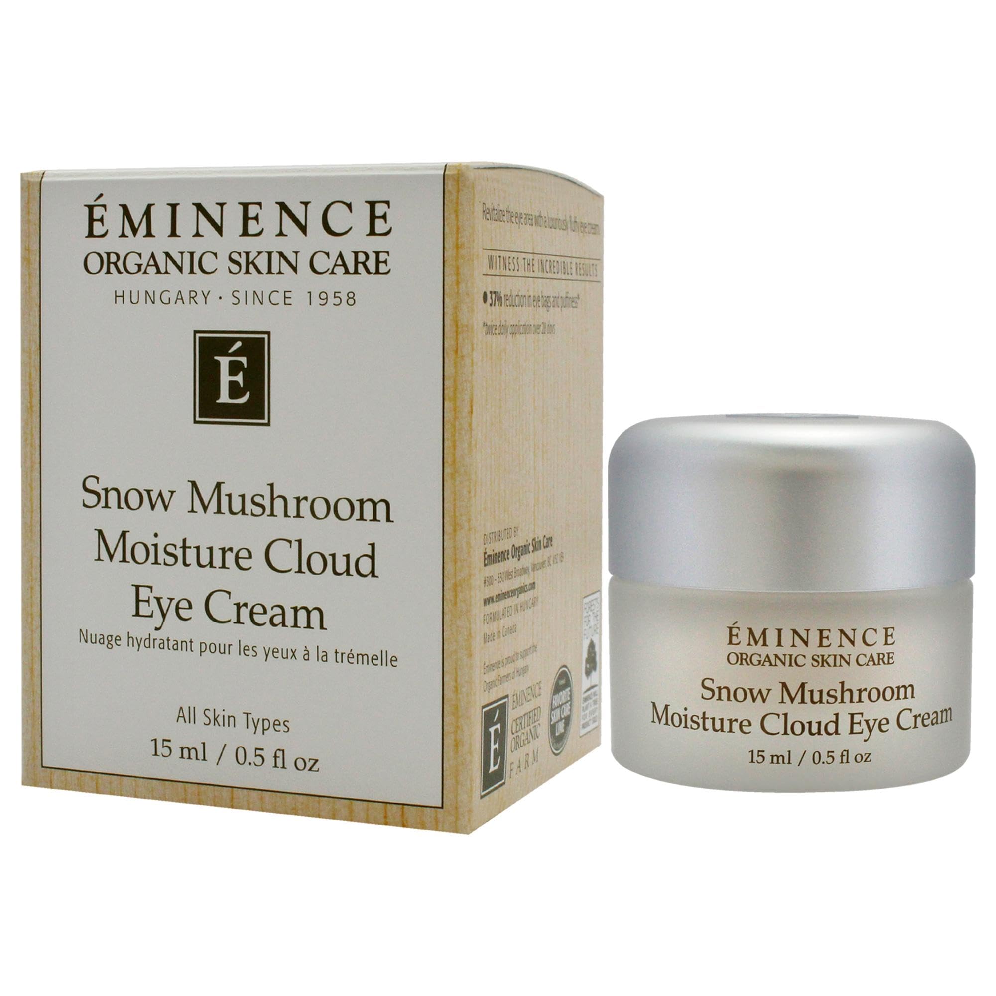 Eminence Snow Mushroom Eye Cream packaging display emphasizes premium hydration and care.