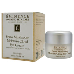 Eminence Snow Mushroom Eye Cream packaging display emphasizes premium hydration and care.