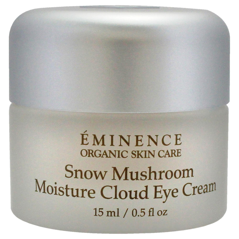 Eminence Snow Mushroom Eye Cream texture spread highlights fluffy, moisturizing formula for eye area.