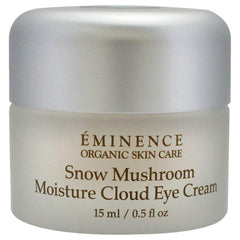 Eminence Snow Mushroom Eye Cream texture spread highlights fluffy, moisturizing formula for eye area.