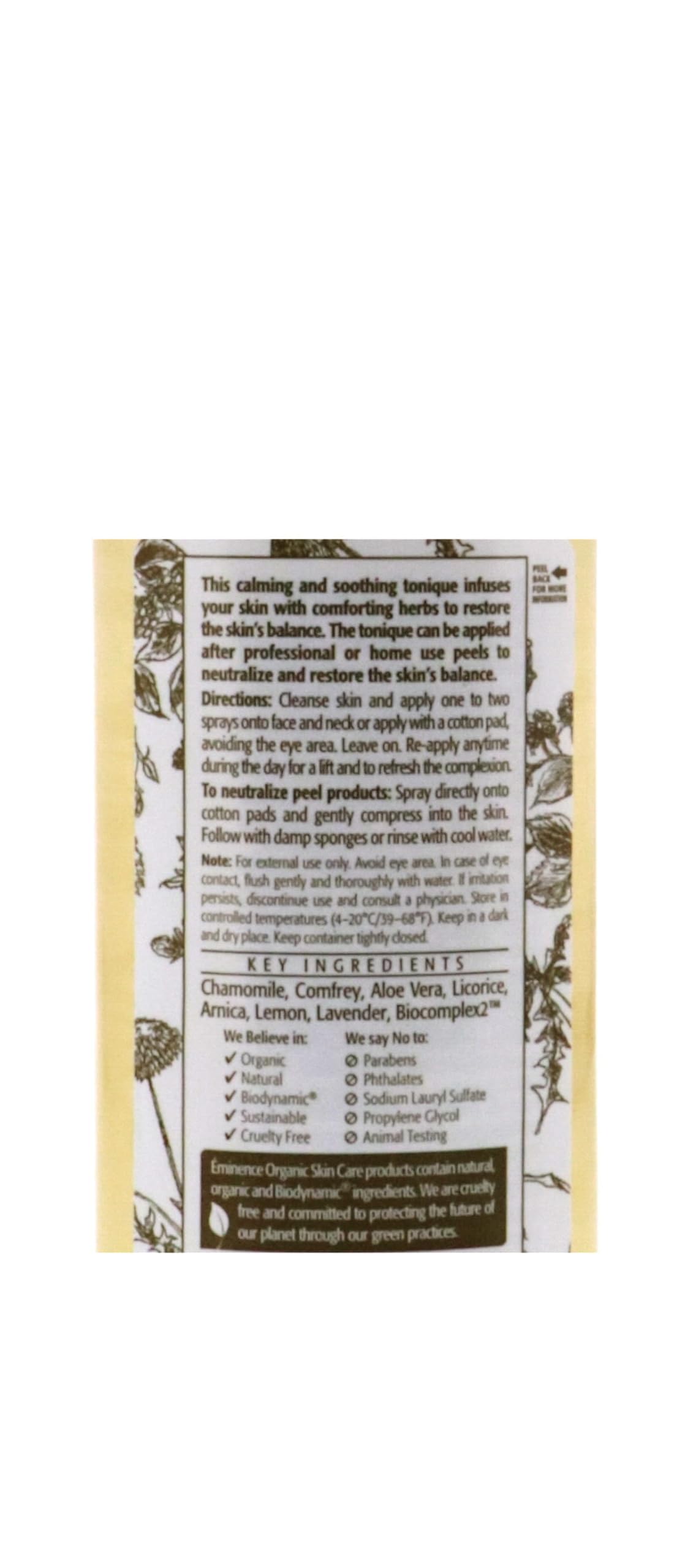 Eminence Soothing Chamomile Tonique ingredients close-up with hydration notes.