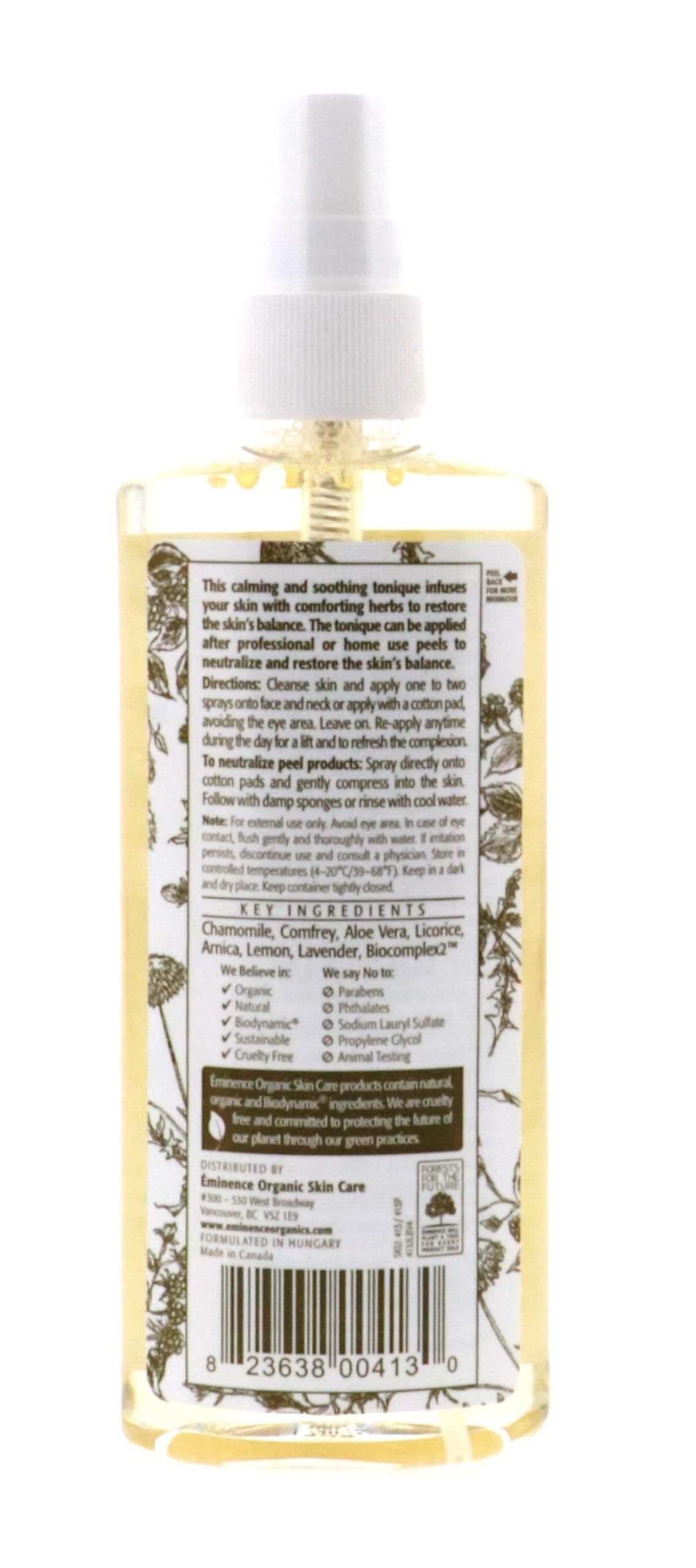 Eminence Soothing Chamomile Tonique label highlights herbal ingredients.