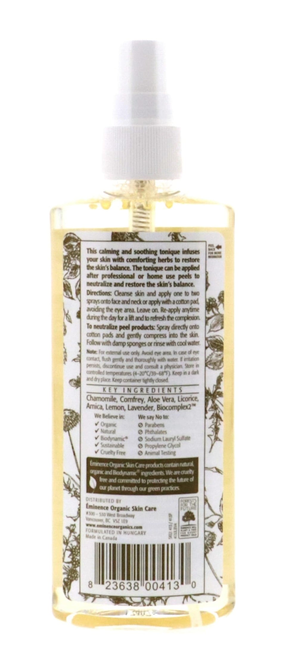 Eminence Soothing Chamomile Tonique label highlights herbal ingredients.