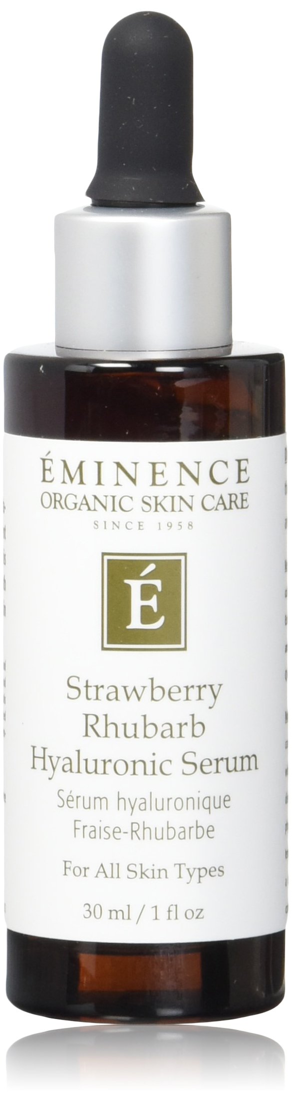 Eminence Strawberry Rhubarb Serum bottle pour highlights lightweight hydration for radiant skin