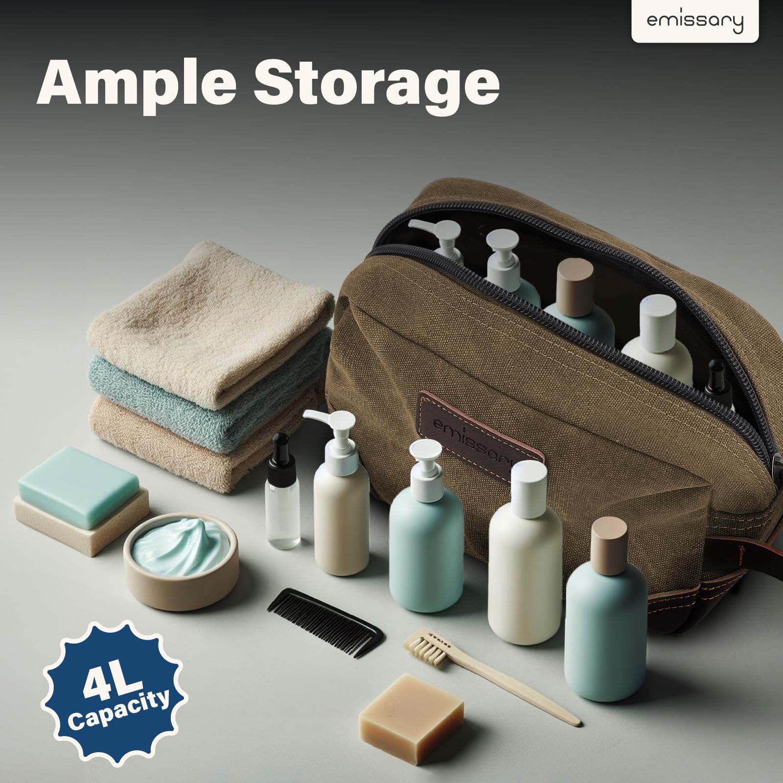 Emissary brown travel bag closed, showcasing compact, spacious design for toiletries.
