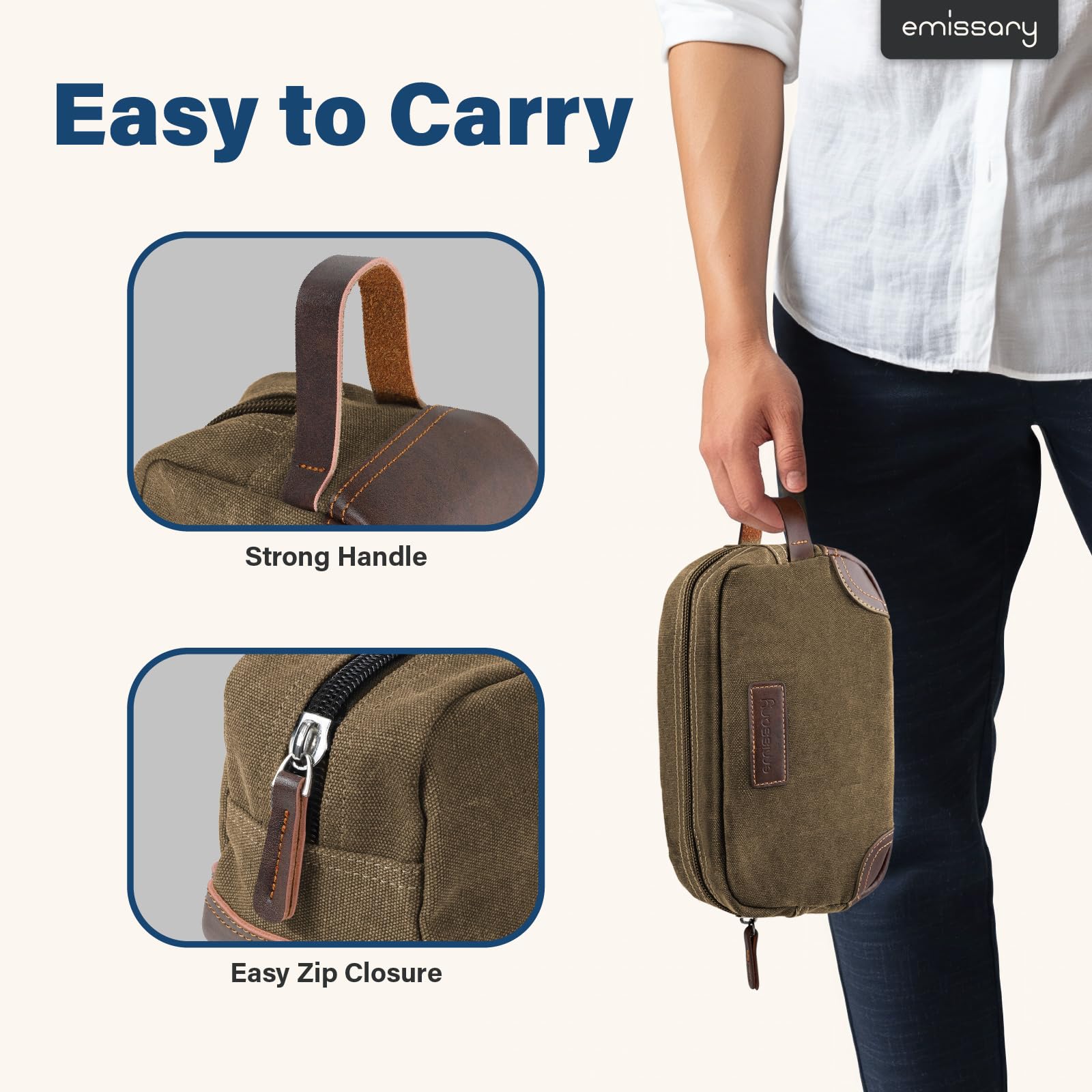 Emissary canvas-leather interior shows organized main pocket and internal storage.